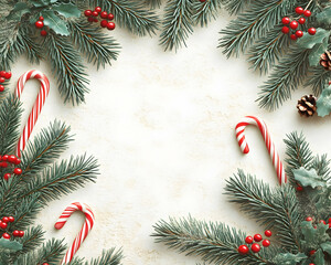 Festive Christmas frame with candy canes, fir branches, holly berries, and pine cones on a beige background.