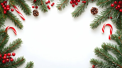Festive Christmas frame with candy canes, pine branches, berries, and pine cones on white background.