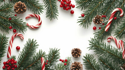 Festive Christmas frame with candy canes, pine cones, berries, and fir branches on white background. (5)