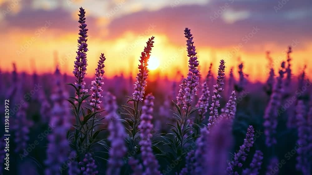 Aufkleber the sun sets on a field of colorful purple flowers, casting a warm glow and creating a tranquil atmo