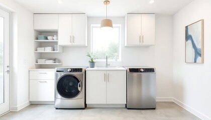 Modern Style - Laundry Room Interior Design With Modern Concept - Hotel Laundry Room - Apartment Laundry Room Interior With Washing Machine - Interior Design. Washing Machine Room Modern