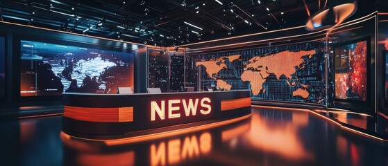 Futuristic Newsroom with Bold "NEWS" Desk and Digital World Map
