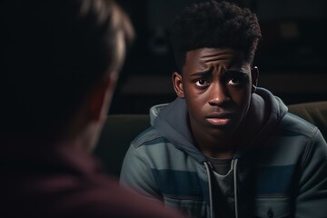 Young man listening and talking to his psychologist during therapy session