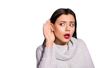 Photo of pretty lady listening concentrated rumours wear knitted pullover isolated blue background