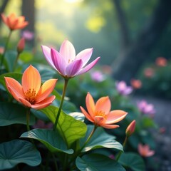 Fototapeta premium Soft petals unfurl in pale purple hue on thin stems amidst lush greenery, orange blossom, floral arrangement, serene atmosphere