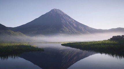 Volcanic mountain in morning light reflected in a calm lake.