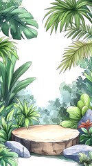 Fototapeta premium A wooden stump with green leaves and rocks in a tropical jungle setting.