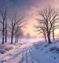 Silver snow-covered landscape with bare trees and a serene winter sky, beautiful, serene, frozen landscape