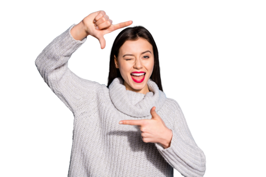 Pretty lady holding fingers like photo camera creative occupation wear knitted pullover isolated blue background
