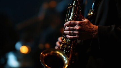 Hands gracefully holding a copper saxophone in a dimly lit performance setting.