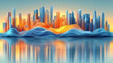 Wavy Skyline of Saudi Arabia with Colorful Waves and Reflective Waterscape