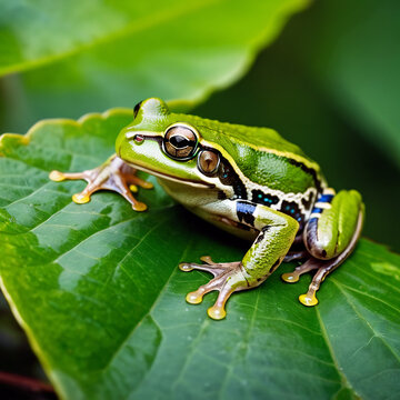 Amphibien - Kleiner Frosch auf gro&szlig;er Wasserpflanze
