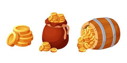 Set wooden barrel with treasure gold coins, old bag, sack isolated on white background. Ui game asset. Detailed, textured object. Container retro. 