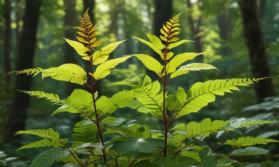 Overlapping leaves of Polygonacee Reynoutria bohemica knotweed on a forest background, herbaceous plant , overlapping leaves