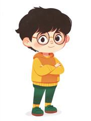 Obraz premium Cute Cartoon Boy with Orange and Green Outfit