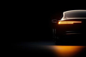 A stylish car is positioned in a dark environment, showcasing its elegant rear design and distinctive lighting. The setting emphasizes its modern aesthetics and unique features