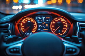 A car dashboard reflecting vibrant colors with digital displays showing speed and fuel levels. The ambient lights enhance the futuristic look, setting a night-time driving atmosphere