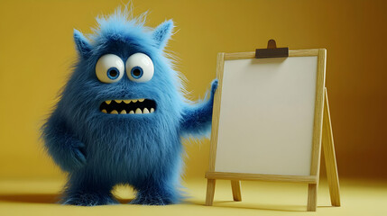 Fluffy Blue Monster 3D Illustration with Blank Sign