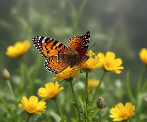 Obraz premium Marsh Fritillary Butterfly nectaring on a Yellow Buttercup, wildlife photography, butterfly behavior