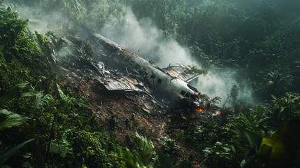 Wrecked aircraft in lush jungle; figures investigate.