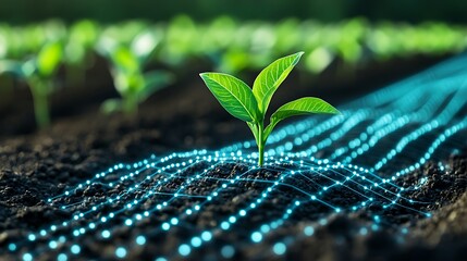 Green Plant Growing in Rich Soil with Digital Connectivity and Data Visualization in Agricultural Field