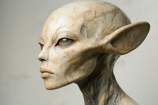 An alien being with smooth skin and elongated ears is showcased in a neutral setting. The intricate features highlight an otherworldly appearance and unique textures