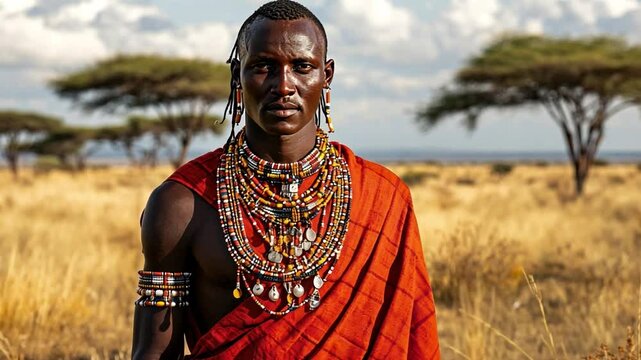  Maasai Warrior in the Savanna: A Maasai man stands proudly in the golden grasslands of the savanna, his traditional red robe and ornate jewelry a testament to his cultural heritage.