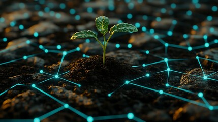Green Plant Growing in Soil with Digital Connections Representing Technology and Nature Interaction