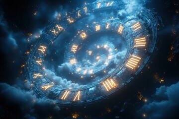 A mesmerizing spiral clock floats in a dark, cloudy sky, featuring glowing numerals and intricate details. The scene evokes a sense of mystery and timelessness in a cosmic realm
