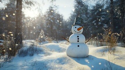 Obraz premium Panoramic view of happy snowman in winter secenery with copy space