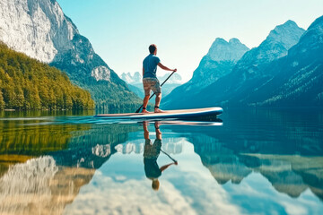 Man paddleboarding on a calm lake surrounded by mountains