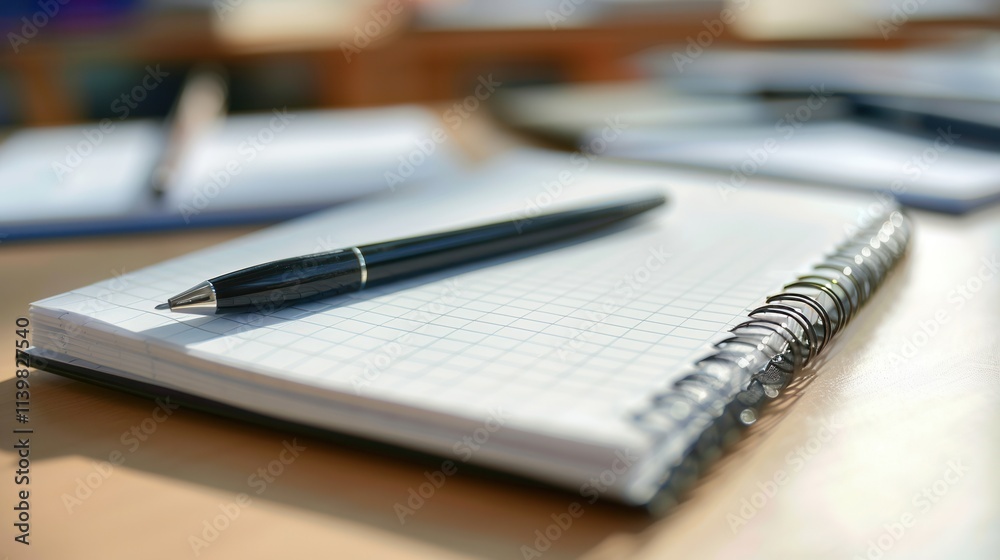 Poster notebook and pen resting on a wooden table with a blurred background of other stationery items. gene
