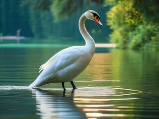 Fototapeta premium An image of a white swan at a green calm lake