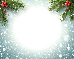 Blank holiday card framed with lush green pine branches, red berries and snow border