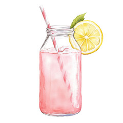 A refreshing pink lemonade in a glass jar, garnished with a lemon slice and a striped straw, white background, transparent background.