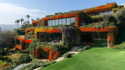 Fototapeta premium Garden design showcases a stunning hillside home adorned with vibrant blooming flowers, offering a harmonious blend of nature and modern architecture under the clear sky.