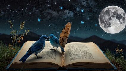 Naklejka premium Two books, dark blue covers. One shows butterflies near a full moon over a landscape; 