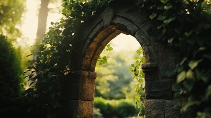 Fototapeta premium Stone Archway, Garden Oasis: Tranquil Sunset Scene