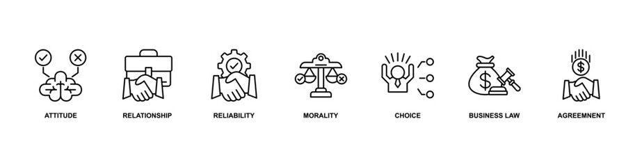 Business Ethics Icon Sheet attitude, relationship, reliability, morality, choice, business law, agreemnent