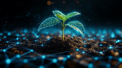 Growing Plant with Digital Network Connection Representing Technology and Nature Integration in Soil