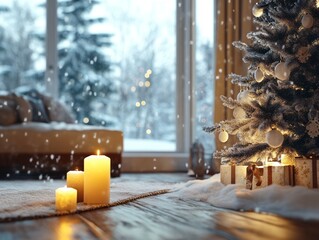 Cozy Winter Scene with Christmas Tree and Candles