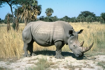 Naklejka premium A powerful image of a rhinoceros with its horn prominently displayed