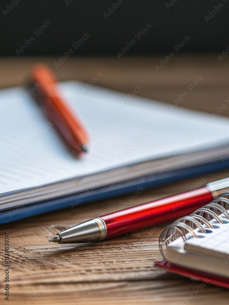Poster Writing materials spread across a wooden desk with notebooks and pens for creative and academic tasks. Generative AI