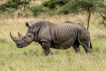 Obraz premium A powerful image of a rhinoceros with its horn prominently displayed