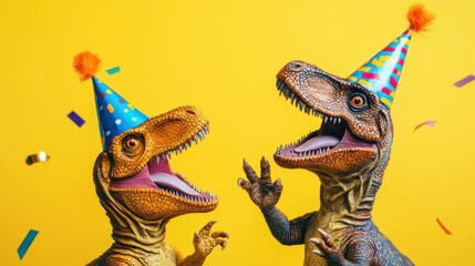 Two dinosaurs in birthday hats, partying on a bright yellow background, celebrating with joy.