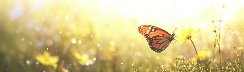 Obraz premium Vibrant Butterfly on Flower in Serene Spring Meadow Landscape