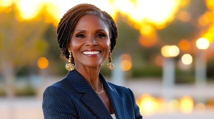 Headshot of a senior Black woman smiling warmly, wearing a tailored blue suit, soft lighting highlighting her features, professional yet approachable