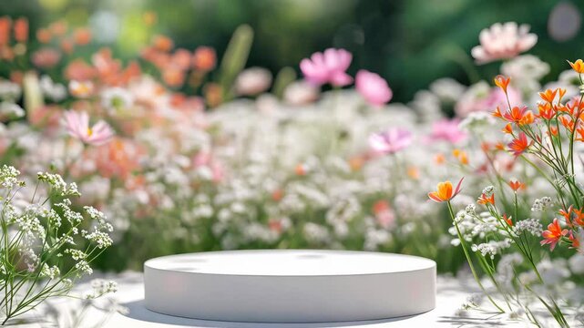 Podium flower product white 3d spring table beauty stand display nature white. Garden floral background cosmetic field scene gift day.