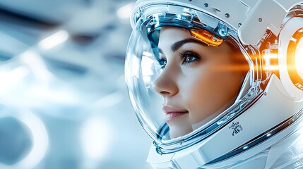 Heroic headshot of a woman astronaut, subtle smile, precise spacesuit detailing, futuristic spaceship control room softly lit in the background