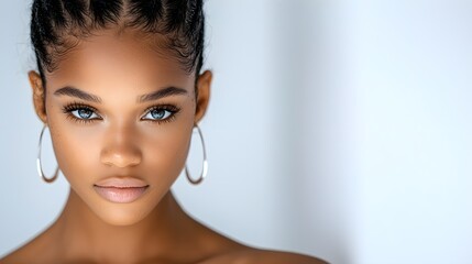 high-definition close-up, African American woman, impeccable smooth skin, strong yet subtle gaze, isolated on white background